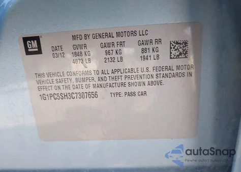 2012 Chevrolet Cruze Ls z USA, uszkodzony, nr VIN 1G1PC5SH3C7307656